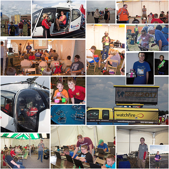 Collage of photos of students and instructors at various STEM-oriented merit badge workshops
